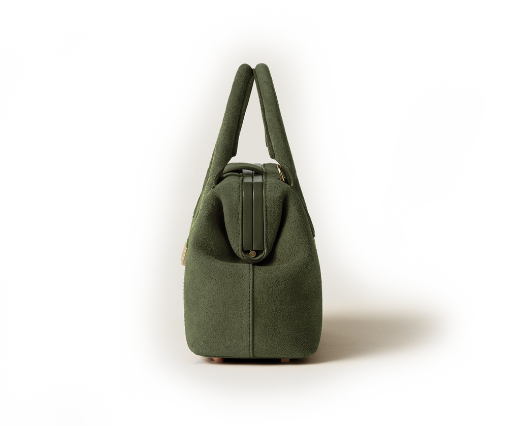 Side view of the Schell Doctor Bag Mossu Small in suede leather