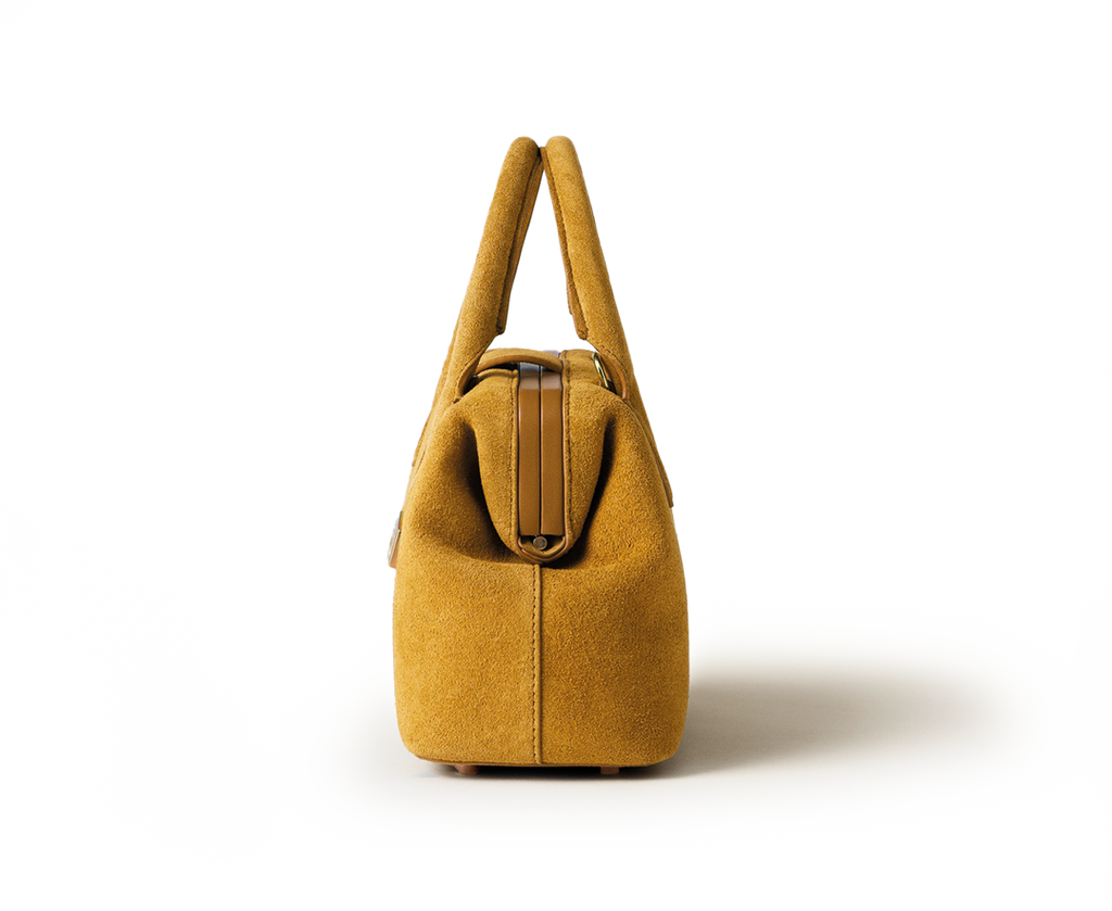 Side view of the Schell Doctor Bag Mustard Small in suede leather