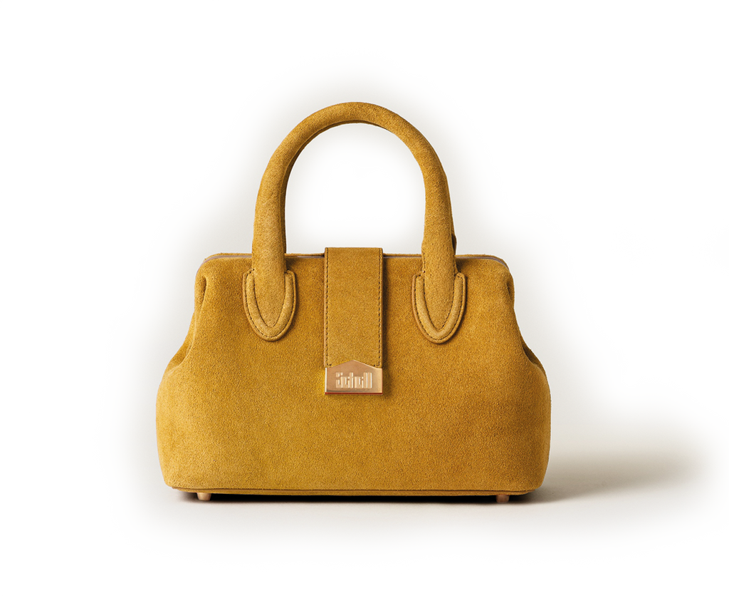 Front view of the Schell Doctor Bag Mustard Small in suede leather with gold plaque