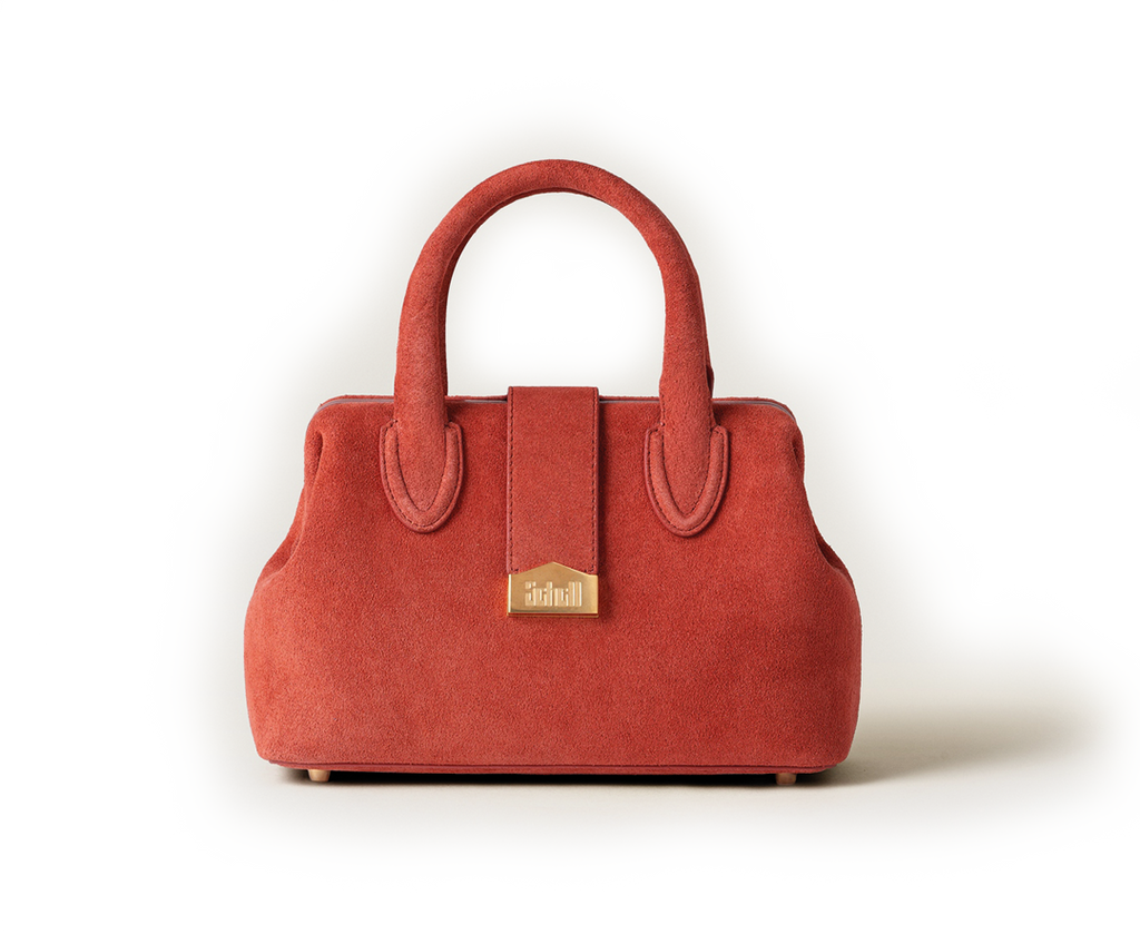 Front view of the Schell Doctor Bag Rust Small in suede leather with gold plaque