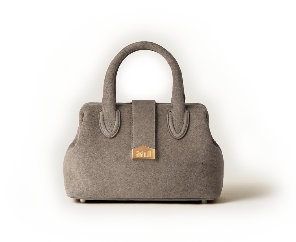 Front view of the Schell Doctor Bag Taupe Small in suede leather with gold plaque